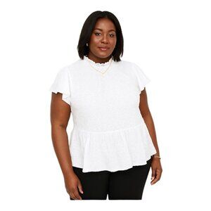 Crown & Ivy White Women's Flutter Sleeve Smocked Eyelet Cotton Top Blouse 3X